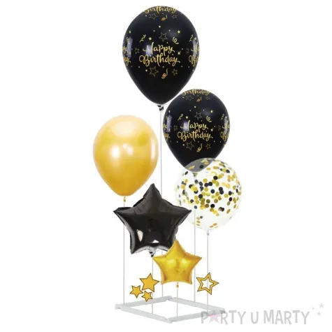 zestaw dekoracji balony stojak happy birthday czarno zloty 6 szt