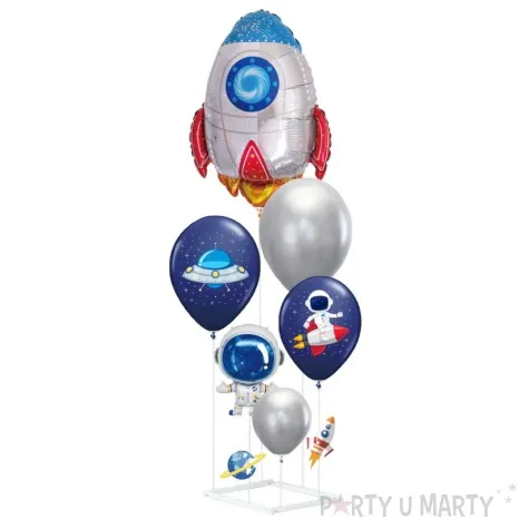 zestaw dekoracji balony stojak kosmos rakieta srebrno granatowy 6 szt