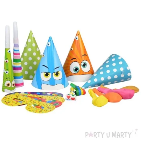 zestaw dekoracji imprezowe czapeczki balony gwizdki maski i trabki arpex 16 szt