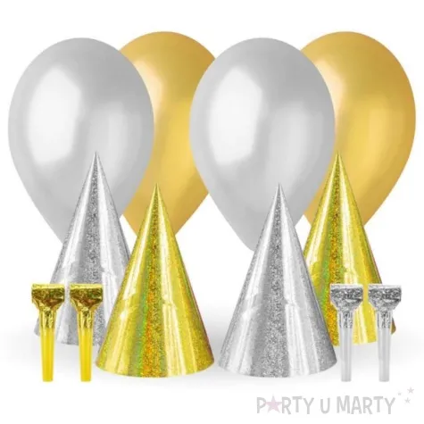 zestaw dekoracji imprezowe czapeczki balony gwizdki mix godan 12 elementow