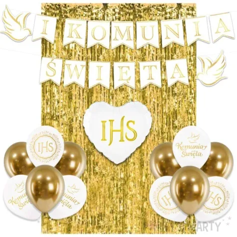 zestaw dekoracji komunia swieta balony baner i kurtyna bialo zloty 15 elementow