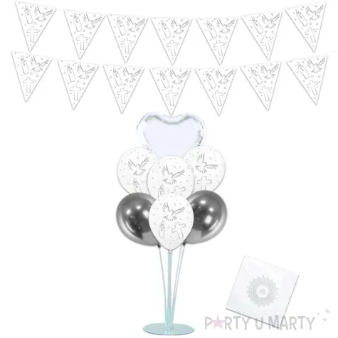 zestaw dekoracji komunia swieta balony shiny baner stojak bialo srebrny 10 elementow