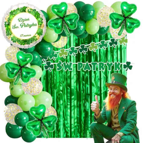zestaw dekoracji na dzien swietego patryka scianka do zdjec balony girlanda baner kurtyna