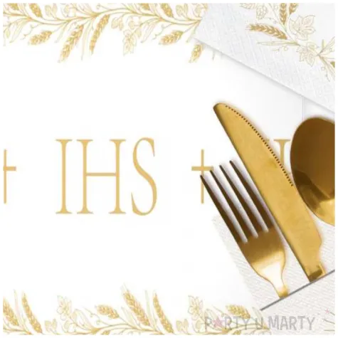 zestaw dekoracji na stol komunia swieta bieznik kieszonki i serwetki bialo zloty 3 elementy