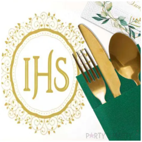 zestaw dekoracji na stol komunia swieta bieznik serwetki i zielone kieszonki 3 elementy