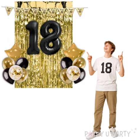 zestaw dekoracji urodziny 18 balony baner i kurtyna czarno zloty 16 elementow