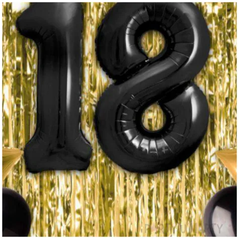 zestaw dekoracji urodziny 18 balony baner i kurtyna czarno zloty 16 elementow