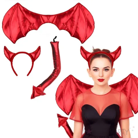 zestaw dodatkow do stroju diabla na halloween i karnawal rogi skrzydla ogon szatana