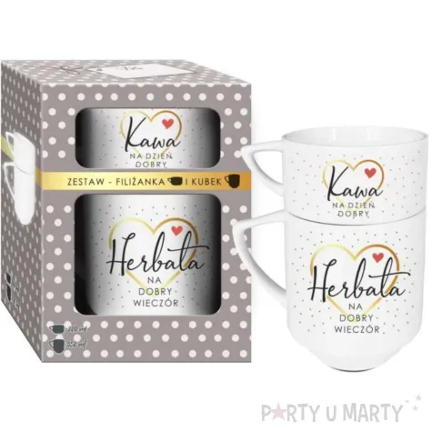 zestaw filizanka z kubkiem kawa na dzien dobry herbata na dobry wieczor bgtech 2 szt