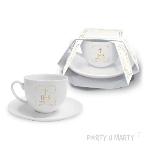 zestaw filizanka ze spodkiem pamiatka komunii swietej ihs bgtech 220 ml