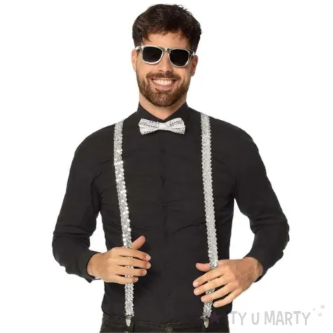 zestaw imprezowy cekiny okulary muszka szelki srebrny boland