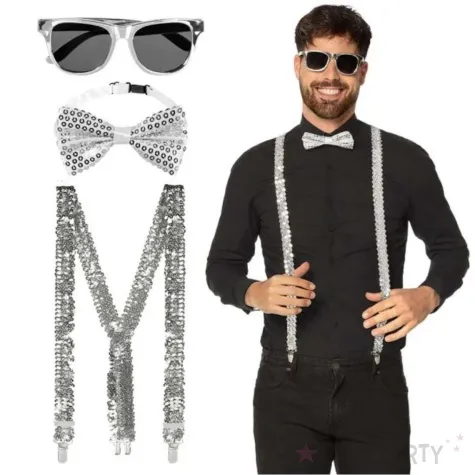 zestaw imprezowy cekiny okulary muszka szelki srebrny boland