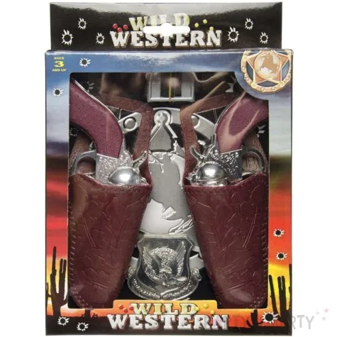 zestaw kowboj rewolwery kabury pasek i odznaka lg imports