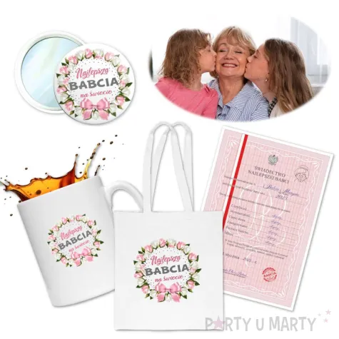 zestaw prezentowy na dzien babci najlepsza babcia na swiecie kubek torba lusterko swiadectwo