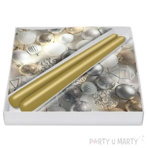 zestaw serwetki i swieczki bombki zloty paw