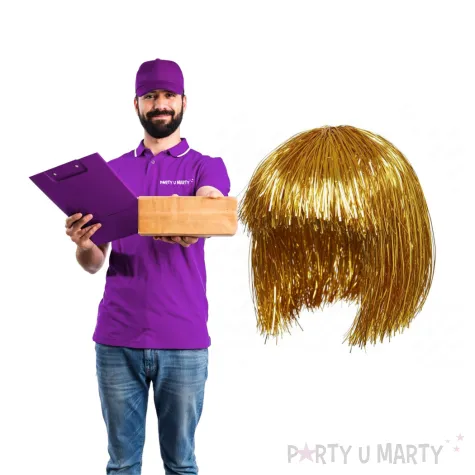 zlota peruka na karnawal i sylwestra dodatek do stroju na nowy rok blyszczaca