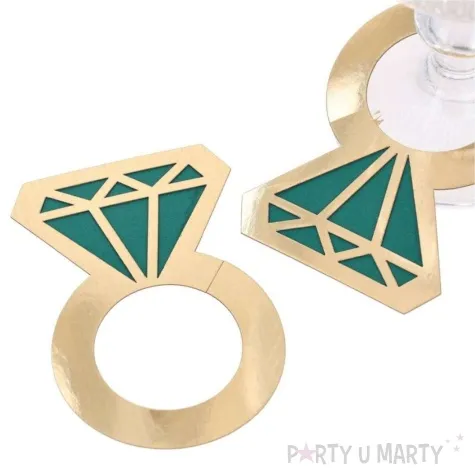 znaczniki na kieliszki wieczor panienski pierscionek zloty zielony dekolo 6 szt
