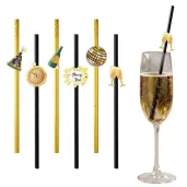 dekoracja do napojow na sylwestra slomki papierowe szampanski nowy rok zloto czarne x6