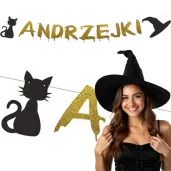 dekoracja do powieszenia na andrzejki baner kot i kapelusz czarownicy girlanda papierowa 1 5 m