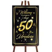 dekoracja na 50 urodziny drewniana tablica powitalna glamour zloto czarna powitanie gosci