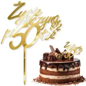 dekoracja na 50 urodziny topper z pleksy zycie zaczyna sie po 50 zloty lustrzany 13 x 17 cm