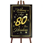 dekoracja na 80 urodziny drewniana tablica powitalna glamour zloto czarna powitanie gosci