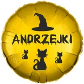 dekoracja na andrzejki balon foliowy kapelusz czarownicy i czarne koty zloty 18 rnd