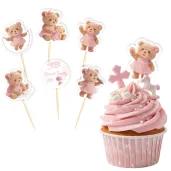 dekoracja na chrzest swiety dziewczynki pikery na muffinki rozowy mis szpilki na babeczki 6 szt