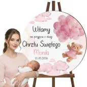 dekoracja na chrzest swiety dziewczynki tablica powitalna rozowy mis personalizacja 39 5 cm