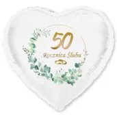 dekoracja na rocznice slubu zlote gody balon foliowy serce liczba 50 bialy 18 hrt