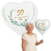 dekoracja na rocznice slubu zlote gody balon foliowy serce liczba 50 bialy 18 hrt