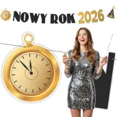 dekoracja na sylwestra baner szampanski nowy rok 2026 zloto czarny girlanda papierowa 2 3 m