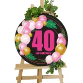 dekoracja sali na urodziny tablica powitalna liczba 40 baloniki czarno rozowa