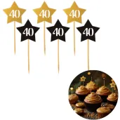 dekoracje na babeczki muffinki i koreczki pikery na 40 urodziny gwiazdki zloto czarne 6 szt