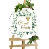 drewniana tablica powitalna chrzest swiety eukaliptus kwadrat dekoracja sali 39 5 cm
