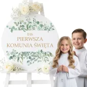 drewniana tablica powitalna komunia swieta eukaliptus beauty lux dekoracja sali powitanie