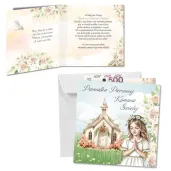 kartka okolicznosciowa dziewczynka i kosciol prezent pamiatka na komunie swieta 15x15 cm