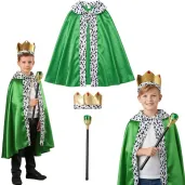 stroj dla dzieci na jaselka zestaw krola peleryna korona i berlo zielony rozm uniw