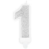 swieczka na tort cyfra 1 srebrna brokatowa partydeco 7 cm