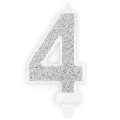 swieczka na tort cyfra 4 srebrna brokatowa partydeco 7 cm