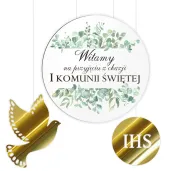 tablica powitalna i zawieszki eukaliptus beauty zlote dekoracje na komunie girlanda 29 cm