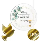 tablica powitalna i zawieszki eukaliptus z hostia zlote dekoracje na komunie girlanda 29 cm