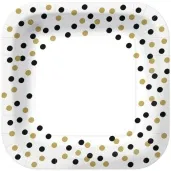 talerzyki papierowe czarno zlote konfetti biale kwadratowe paw 23 x 23 cm 10 szt
