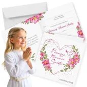zaproszenia na komunie dla dziewczynki rozowe serce 15x15 cm 8 szt
