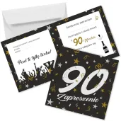 zaproszenie na 90 urodziny glamour birthday z koperta czarne eleganckie 15x15 cm 1 szt