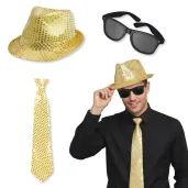 zestaw akcesoriow na sylwestra nowy rok karnawal gold glam kapelusz krawat okulary zloty