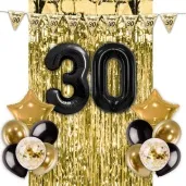 zestaw dekoracji urodziny 30 balony baner i kurtyna czarno zloty 16 elementow