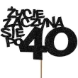 dekoracja na 40 uodziny topper na tort zycie zaczyna sie po 40 czarny brokat 13 x 17 cm