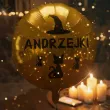 dekoracja na andrzejki balon foliowy kapelusz czarownicy i czarne koty zloty 18 rnd