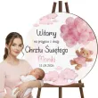 dekoracja na chrzest swiety dziewczynki tablica powitalna rozowy mis personalizacja 39 5 cm